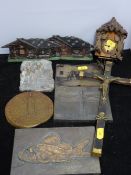 A tray of period plaques, religious artefacts, miniature cuckoo clock etc