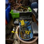 A parcel of garage tools in a yellow tub etc