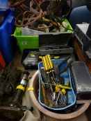 A parcel of garage tools in a yellow tub etc