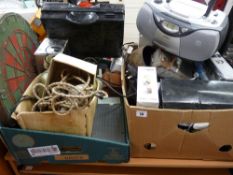 Two boxes of miscellaneous garage equipment, slide projector, dart board, compact CD player etc