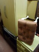 A modern two-door tall boy, a cream three-drawer bedside chest & an upholstered dressing stool
