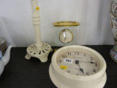 A Laura Ashley wall clock, metal, a compact quartz mantel clock etc