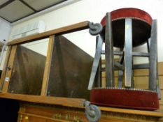 An oak two-tier trolley with drawer & a pair of upholstered top footstools