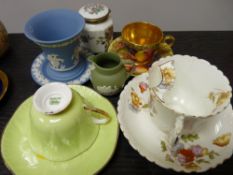 A Shelley cabinet cup & saucer, an Aynsley one, a moustache cup & saucer, some Jasperware etc