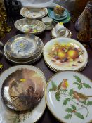 Three fruit decorated plates, a quantity of Spode garden birds plates along with other decorative