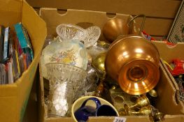 A box of mixed items including glassware, brassware, copperware etc