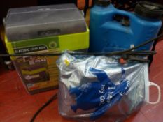 A parcel of outdoor equipment, an as new electric cool box, garden spraying equipment & a cool bag