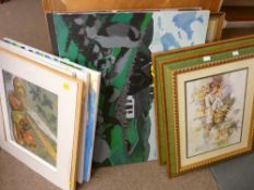 A quantity of good picture frames, two canvases on stretchers local scene paintings, still life
