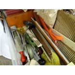 A crate of mixed items including architects rulers, drawing instruments etc