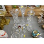 Two cut glass flower vases, dressing table glassware & small items of glass etc