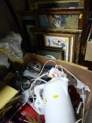 A large parcel of mainly woolwork pictures in good frames & a box of mixed household items
