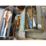 Two metal tool boxes & a plastic box containing hand tools, sockets etc