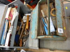 Two metal tool boxes & a plastic box containing hand tools, sockets etc