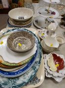 A three-tier china cake stand, floral decorated china, serving platters etc
