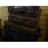 Two vintage leather suitcases & two others