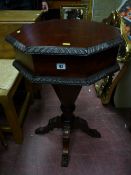 A reproduction mahogany pedestal work table, the lift up lid with interior lidded sections