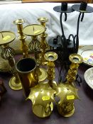 Three pairs of vintage brass candlesticks, other ornamental brassware etc