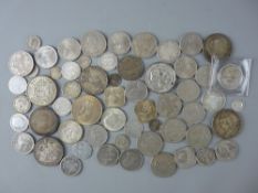 A PARCEL OF MIXED MAINLY BRITISH SILVER COINAGE including several half crowns and Victoria crowns,