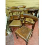 A SET OF FIVE VICTORIAN MAHOGANY DINING CHAIRS with curved top rails and turned front supports