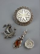 A STERLING SILVER GALLEON BROOCH, a silver and amber earring or drop pendant, a tiny silver