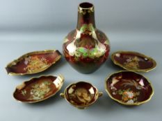 FIVE CARLTONWARE ROUGE ROYALE DISHES and a Devon Sylvan lustrine bottle vase, the dishes gilt and