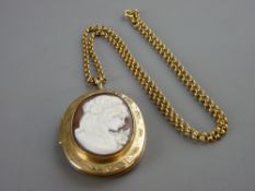 A NINE CARAT GOLD BRIGHT CUT OVAL PHOTO LOCKET with lady cameo cover and muff type link chain, 38