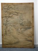 AN EARLY 20th CENTURY ORIENTAL SILKWORK PANEL depicting two animals on a track under a tree by an