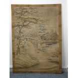 AN EARLY 20th CENTURY ORIENTAL SILKWORK PANEL depicting two animals on a track under a tree by an