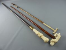 AN IVORY TOP HARDWOOD & BRASS MOUNTED WALKING CANE, a pseudo ivory topped cane and a parasol shaft