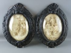 A PAIR OF OVAL BAS-RELIEF PLAQUES having convex glass over cast Biblical studies in black painted