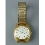 A GENT'S OMEGA YELLOW METAL & STAINLESS STEEL CASED QUARTZ CALENDAR WRISTWATCH with expanding