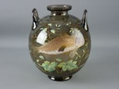 A MOSER ART GLASS VASE, twin handled of globular form and decorated in relief enamels of fish