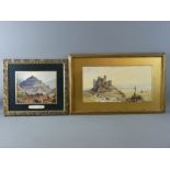 TWO FRAMED WATERCOLOUR STUDIES - unattributed, early depiction of Harlech Castle with figures and