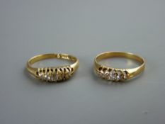 AN UNMARKED GOLD DRESS RING with five small diamonds, 2.5 grms and an eighteen carat gold dress ring