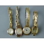 FOUR NINE CARAT GOLD ENCASED LADY'S WATCHES - a square dial Damas, a circular dial Tudor Royal, a