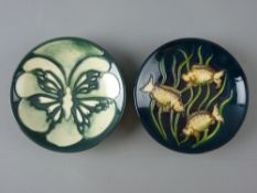 TWO MODERN MOORCROFT POTTERY PIN DISHES including a 2009 fish design on a blue/green background by