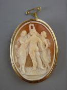 AN EIGHTEEN CARAT GOLD FRAMED CAMEO BROOCH depicting three standing classical ladies, with safety
