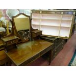 AN EDWARDIAN MAHOGANY & CROSSBANDED DRESSING TABLE with heart shaped centre mirror, small drawer