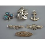 SIX SILVER & WHITE METAL BROOCHES including a Birmingham hallmarked example set with dragonflies