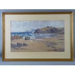 WARREN WILLIAMS ARCA watercolour - Anglesey coastal scene with beached boat, signed, 36 x 61 cms