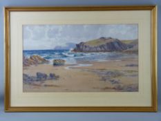 WARREN WILLIAMS ARCA watercolour - Anglesey coastal scene with beached boat, signed, 36 x 61 cms