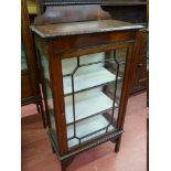 AN EARLY 20th CENTURY MAHOGANY SINGLE DOOR CHINA CABINET having a shaped railback and a nine pane