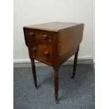 AN EARLY VICTORIAN MAHOGANY WORK TABLE, the twin flap top with moulded edge over one shallow and one