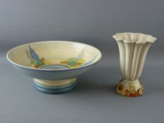 TWO ITEMS OF CLARICE CLIFF POTTERY including a large pedestal fruit bowl decorated in the 'Capri'