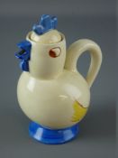 A CLARICE CLIFF 'BIZARRE' NURSERY WARE TEAPOT in the form of a chicken, handpainted on a cream