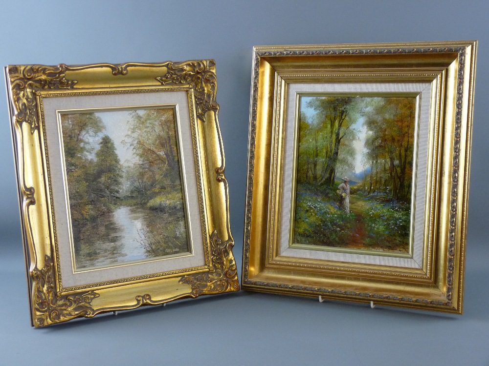 PETER SNELL oils on canvas, a pair - 1. River Avon scene and 2. woodland scene with bonneted lady