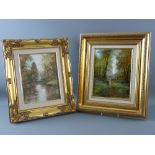 PETER SNELL oils on canvas, a pair - 1. River Avon scene and 2. woodland scene with bonneted lady