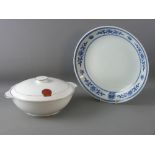 A CHINESE PORCELAIN BLUE & WHITE CHARGER and a white lidded tureen, 20th Century bearing the