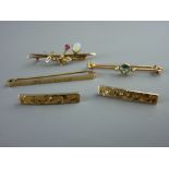 THREE NINE CARAT GOLD BAR BROOCHES and a pair of small nine carat gold bright cut bar brooches,