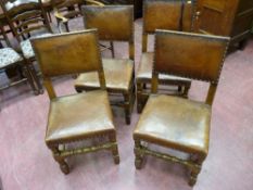 A SET OF FOUR OAK DINING CHAIRS with rexine covered backs and seats on turned front supports